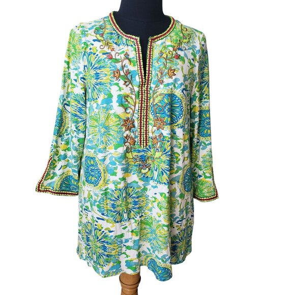 Soft Surroundings Green Colorful Beaded Embroidered Top Boho Artsy Bright S - Picture 1 of 11